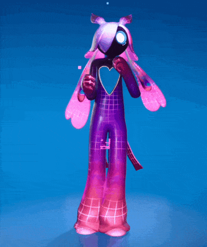 a purple and pink cartoon character with a heart in her chest