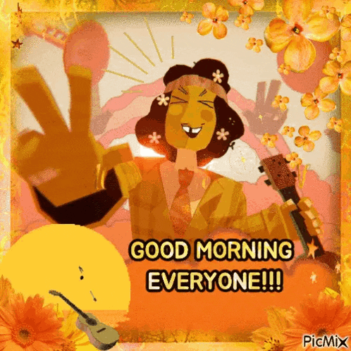 a good morning everyone greeting card with a woman holding a guitar and a peace sign