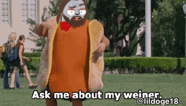 a man in a hot dog costume is asking about his weiner