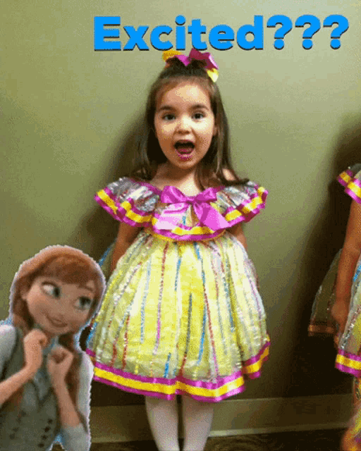 a little girl in a yellow and pink dress with the words excited on the top