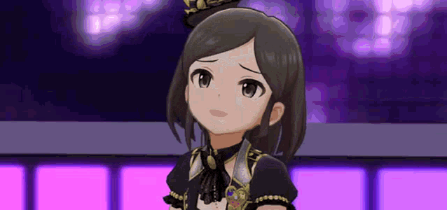 a cartoon girl with short hair and a hat is standing in front of a stage .