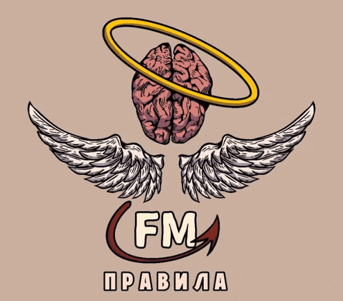 a drawing of a brain with wings and the words fm in white