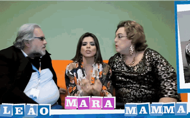 a man and two women are sitting next to each other with the words leao mara mamma behind them