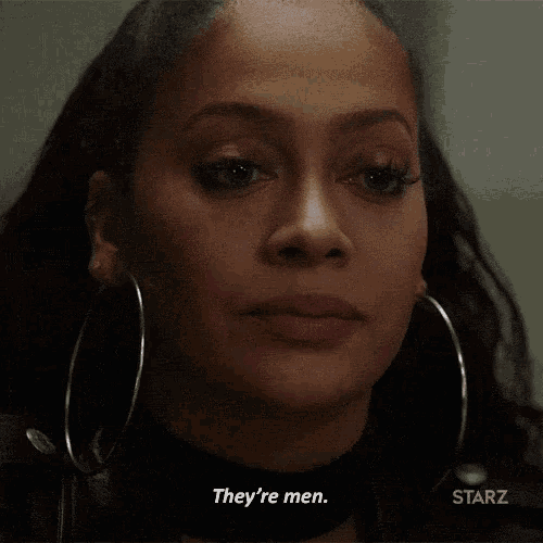 a woman is saying they 're men in a starz ad