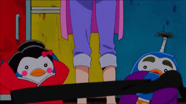 a cartoon of a woman standing next to two penguins tied together
