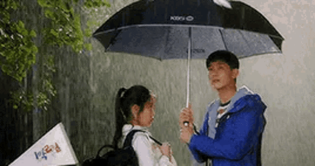a man and a woman are holding umbrellas in the rain .