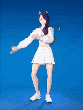 a girl with purple hair is dancing in a white outfit