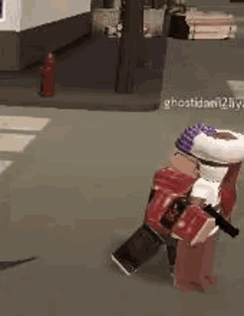 a person is holding a gun in a video game while standing on a sidewalk .
