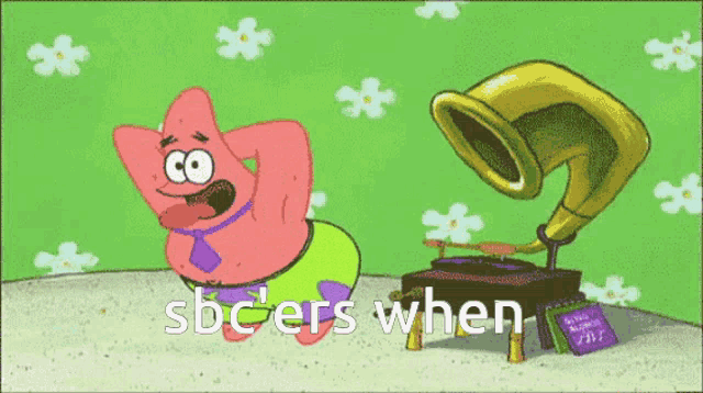 a cartoon of patrick star standing next to a gramophone with the words sbcers when written on the bottom