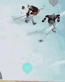 a group of hockey players are playing on a ice rink and the goon says no