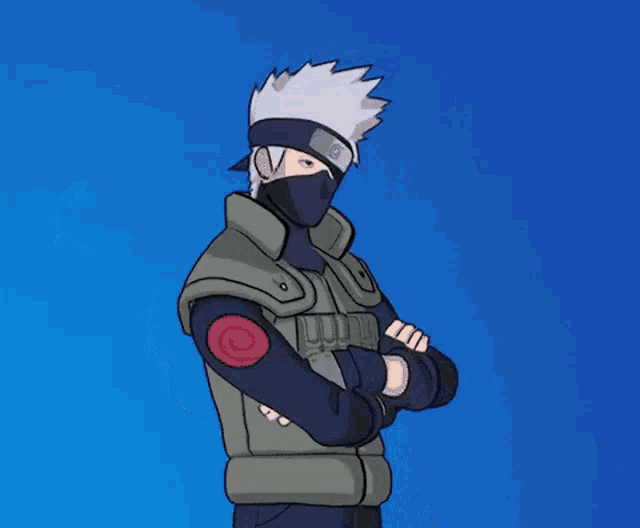 a cartoon character wearing a mask and gloves is standing in front of a blue background