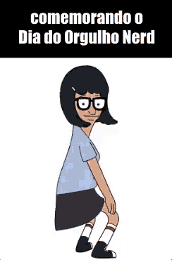 a cartoon of a girl squatting down with the words comemorando o dia do orgulho nerd on the bottom