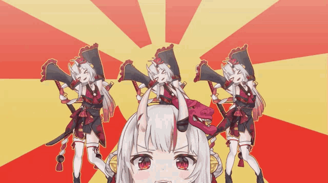 a group of anime characters are standing next to each other on a yellow and red background