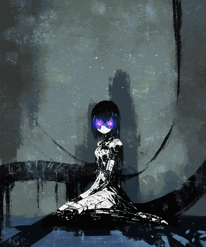 a black and white painting of a girl with purple eyes