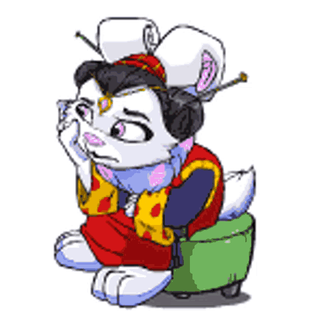 a cartoon drawing of a rabbit wearing a kimono and sitting on a green ottoman