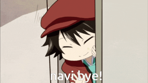 a cartoon character with the words navi bye written on the bottom