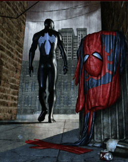 a man in a black spiderman suit walks past a spiderman mask hanging on a wall