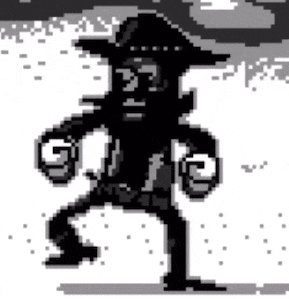 a pixel art of a man in a cowboy hat holding a gun in his hand .