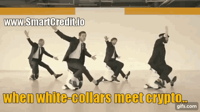 a group of men in suits are dancing in a room with the words when white-collars meet crypto