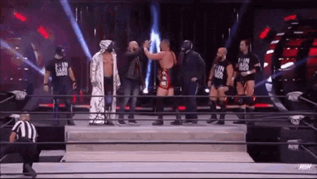 a group of wrestlers are standing on a stage in a ring .