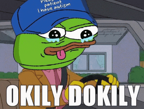 a cartoon of a green frog wearing a blue hat that says please patient i have autism