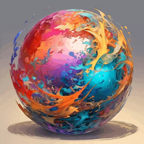 a painting of a colorful sphere with a blue ball in the center