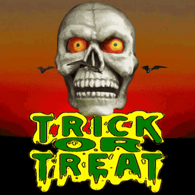 a picture of a skull with the words trick or treat below it
