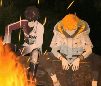 two anime characters sitting next to each other near a fire