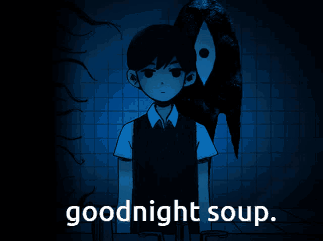 a cartoon of a boy with a monster behind him and the words goodnight soup below him