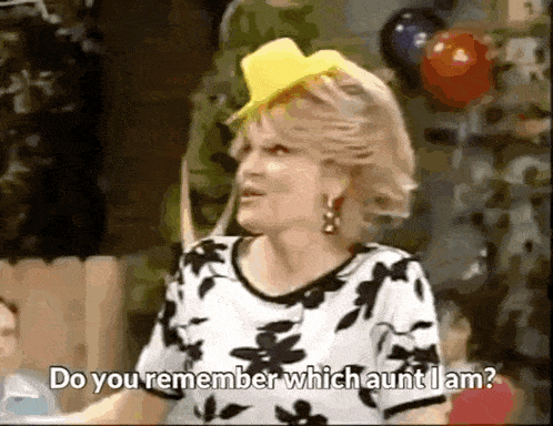 a woman is wearing a yellow hat and asking do you remember which aunt i am