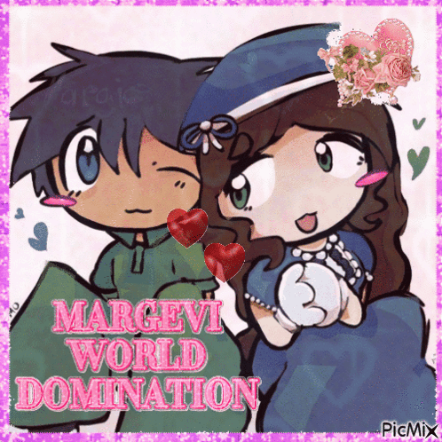 a picture of a girl and a boy with the words margevi world domination