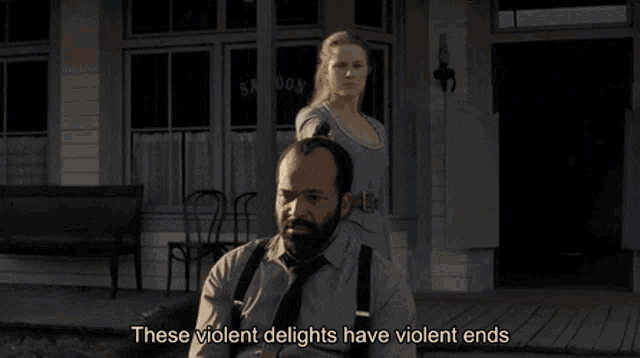 a woman pointing a gun at a man with the words these violent delights have violent ends