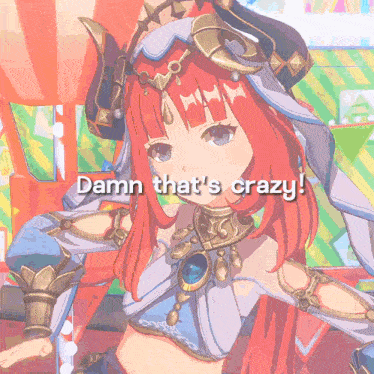 a cartoon girl with red hair and the words " damn that 's crazy " below her