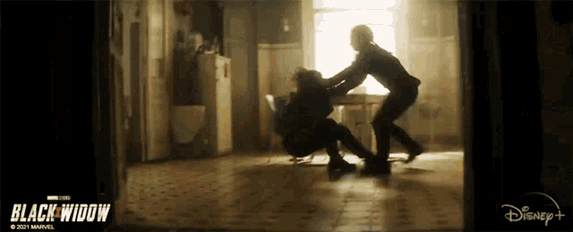 a poster for black widow shows two women fighting in a dark room