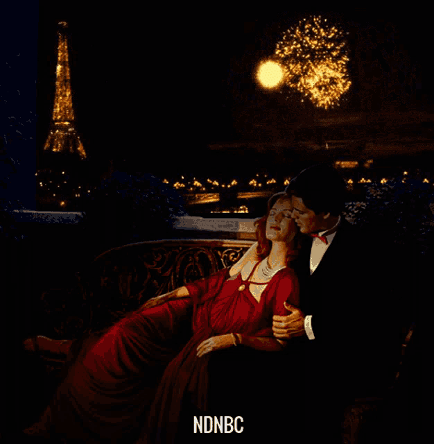 a painting of a man and woman sitting on a bench with fireworks in the background and the letters ndnbc below them