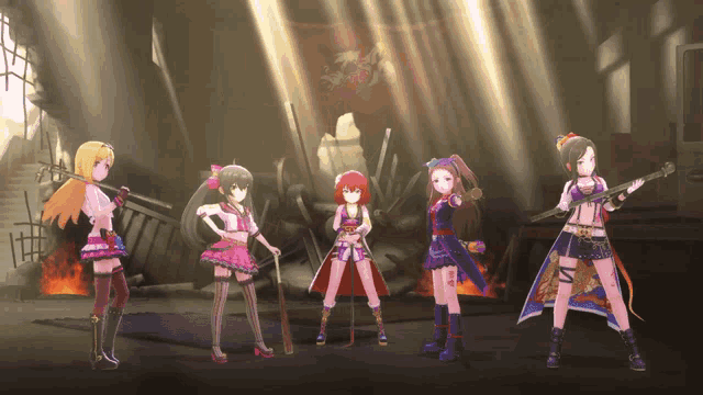 a group of anime girls standing in a dark room