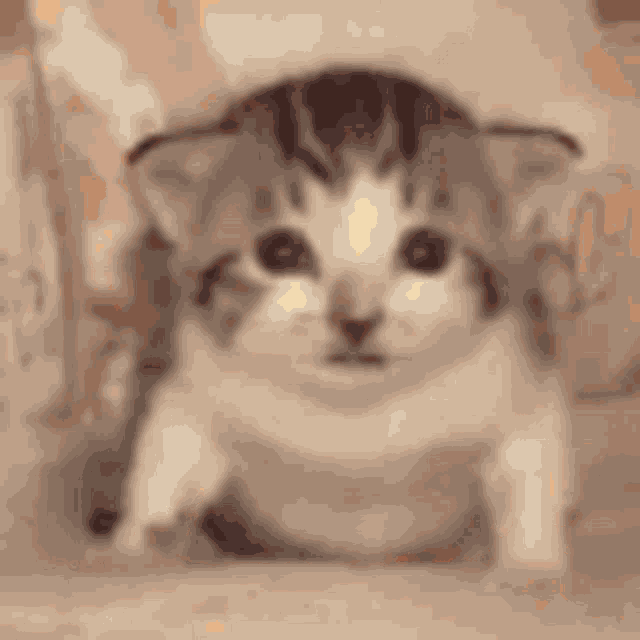 a small kitten is sitting in a hole in a box .