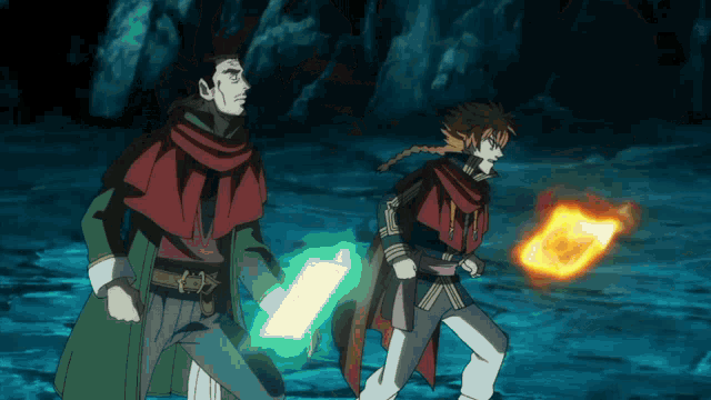 a couple of cartoon characters holding glowing objects