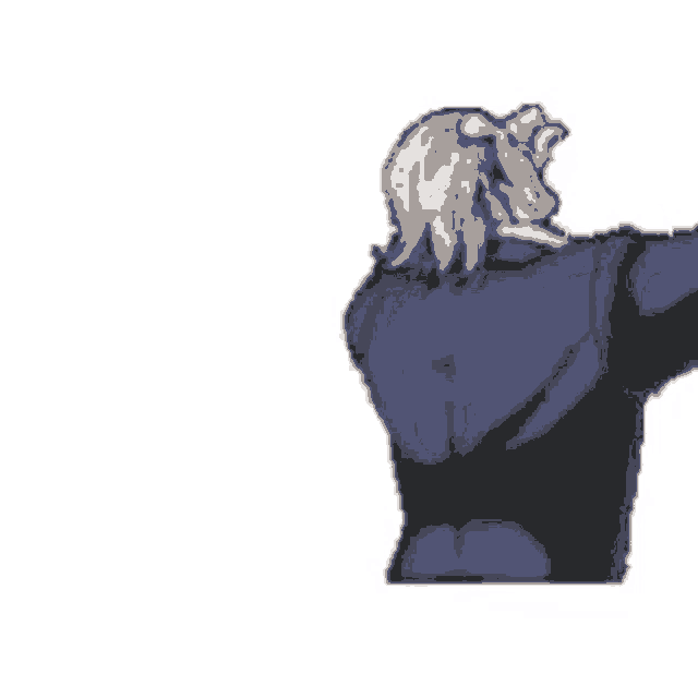 a pixel art drawing of a woman in a blue jacket with her arms outstretched