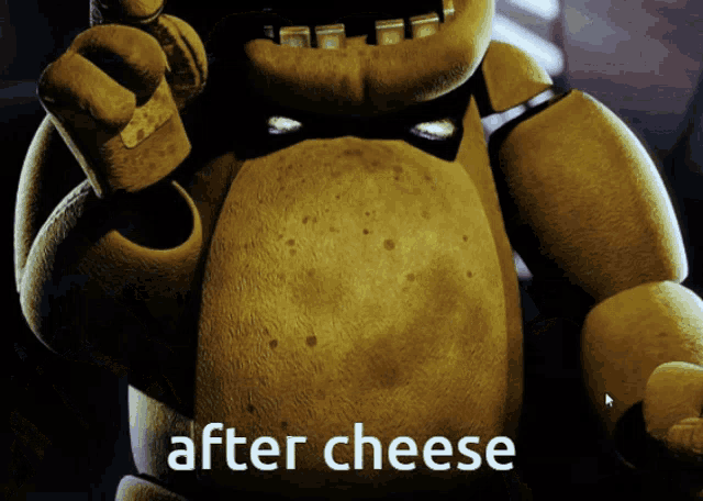 a stuffed animal with the words " after cheese " on the bottom