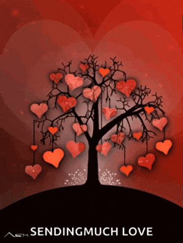 a tree with red hearts hanging from it and the words sending much love