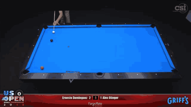 a pool table with a scoreboard that says ernesto dominguez 2 3 alex olinger