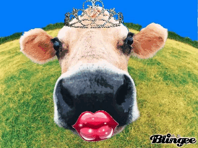 a cow wearing a tiara and red lips with blingee in the corner