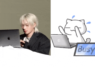 a picture of a man using an apple laptop next to a picture of a cat with a laptop that says busy