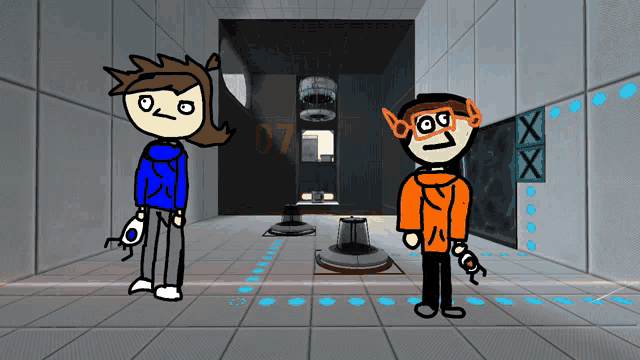 two cartoon characters are standing in a room with the number 07 on the wall behind them