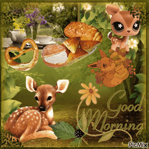 a greeting card that says good morning with a picture of a deer