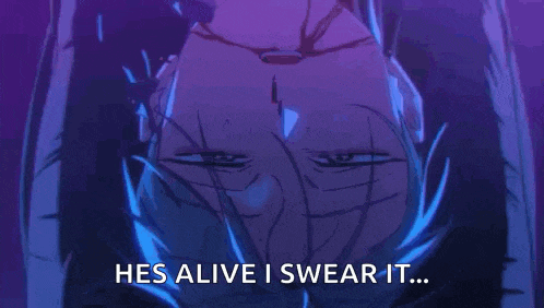 a close up of a person 's face with the words `` he 's alive i swear it ... '' .