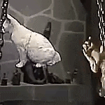 a black and white drawing of a cat sitting on a shelf next to a skeleton hand .