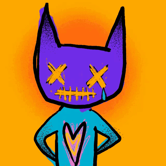 a cartoon drawing of a purple cat with stitches in its mouth
