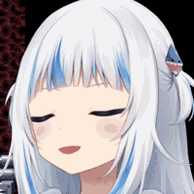 a close up of a white and blue anime girl with her eyes closed
